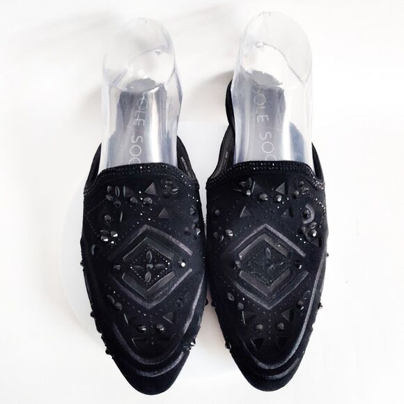 Sole Society Leather Beaded Black Slip-on Flat Pointy Toe Mules Size 8M Art Deco - Picture 3 of 10